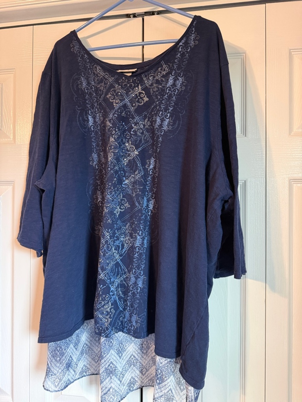 Catherines Navy Layered Embroidered Tunic Top with Patterned Hem